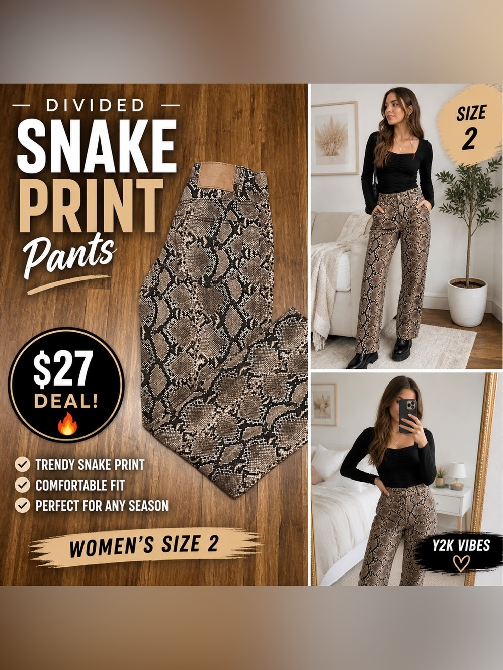 Divided Brown Snake Print Pants Women’s Size 2